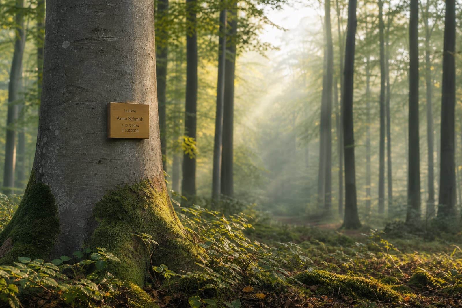 Baumbestattung im Bestattungswald – Gedenktafel an einem Baum im morgendlichen Licht