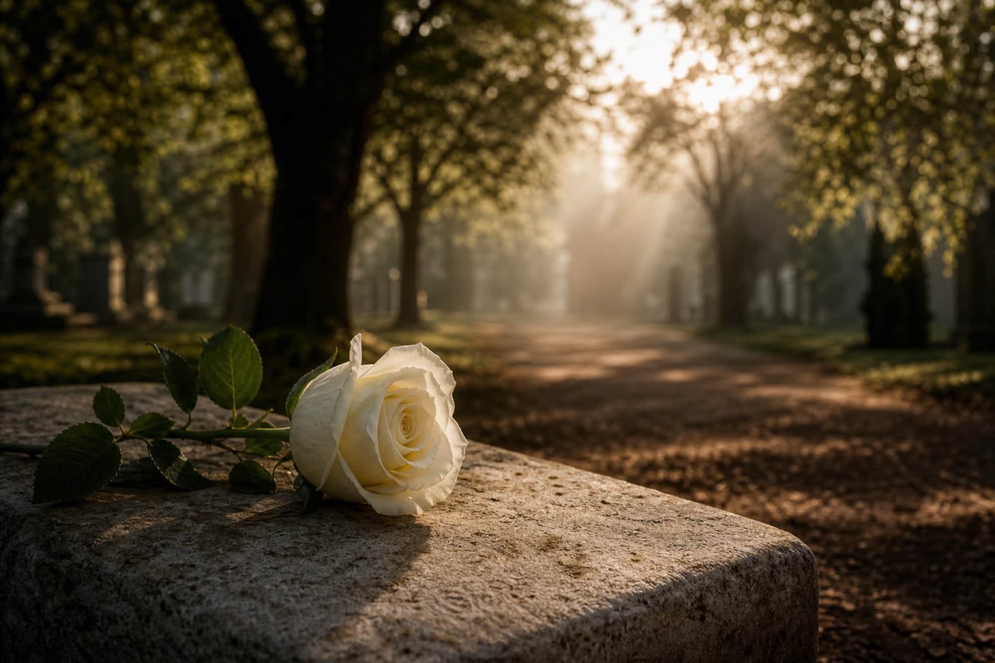 Eine weiße Rose auf hellem Stein in einer ruhigen, lichtdurchfluteten Allee – Symbol für Abschied und Erinnerung.