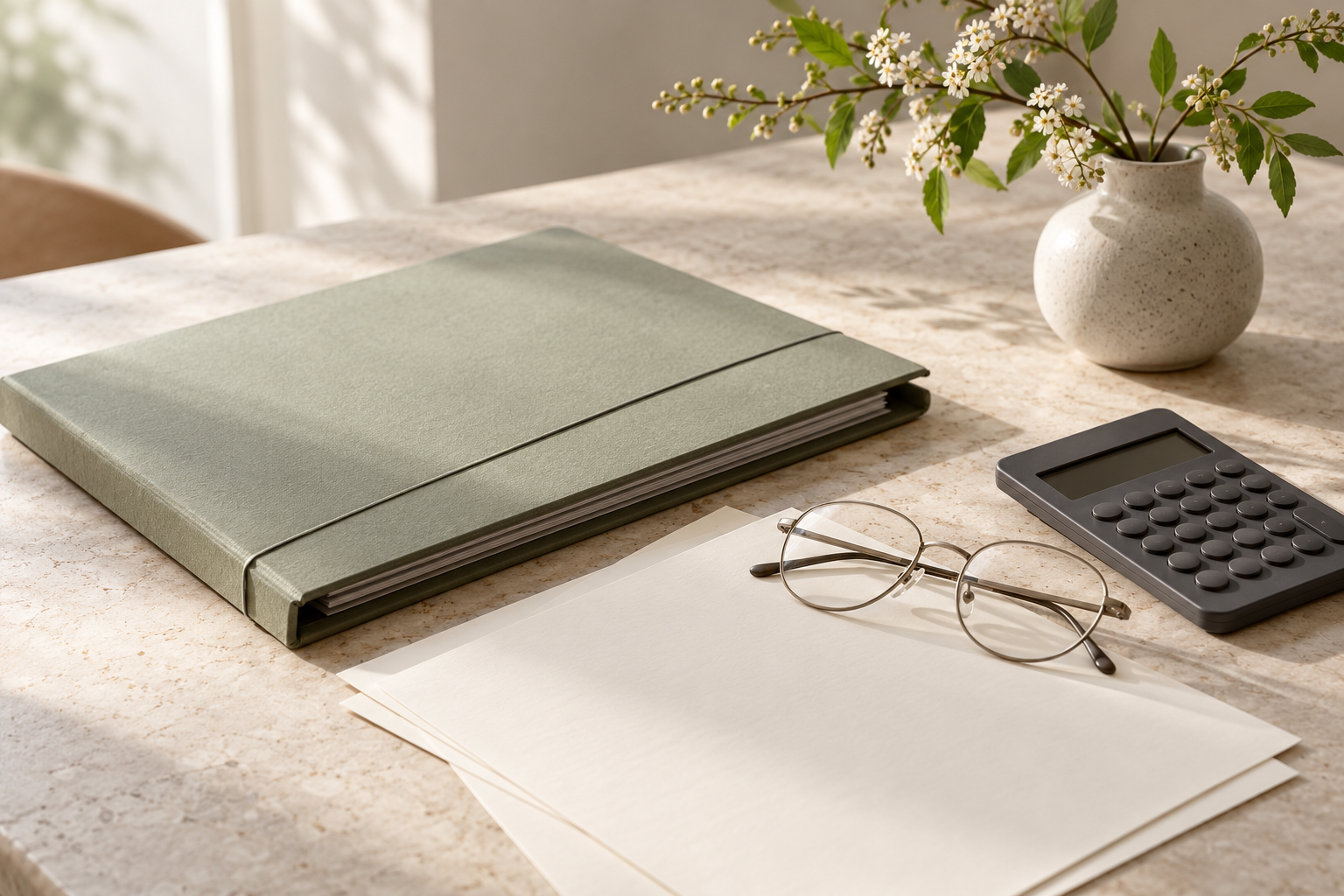 Dokumentenmappe, Unterlagen, Lesebrille und Taschenrechner neben einer Vase mit weißen Blüten